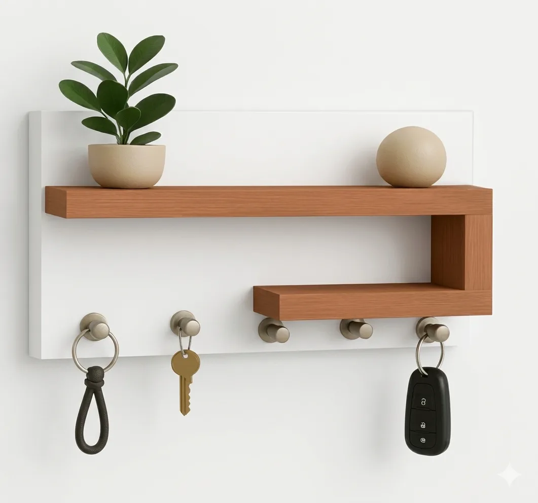 Architectural Wall-Mounted Key Rack & Floating Shelf