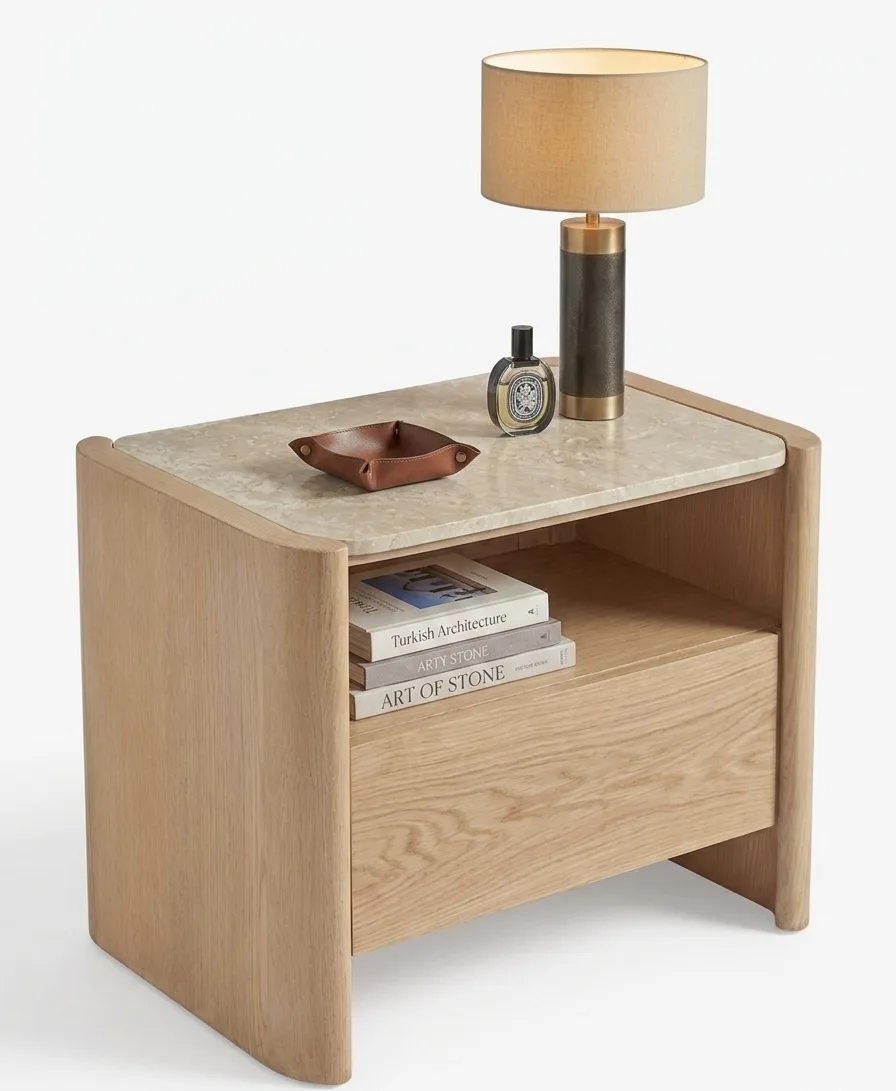 The Curved Travertine Open-Shelf Nightstand ( Set of two )