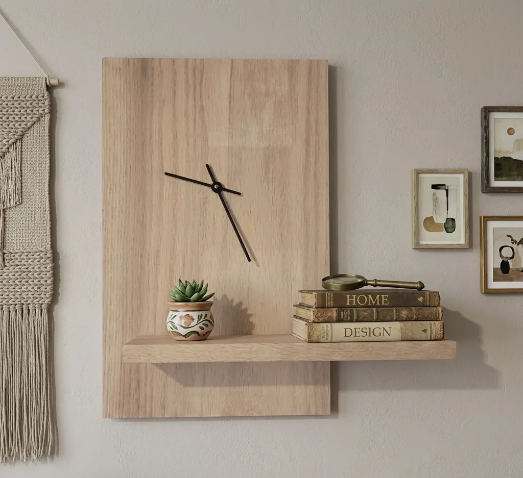 Minimalist Rectangular Wooden Wall Clock with Integrated Floating Shelf