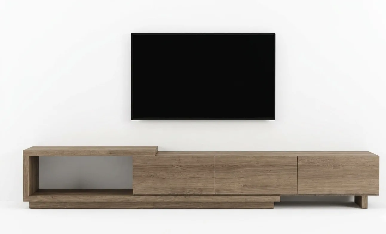Modern Asymmetric Extendable Low-Profile Wooden TV Unit