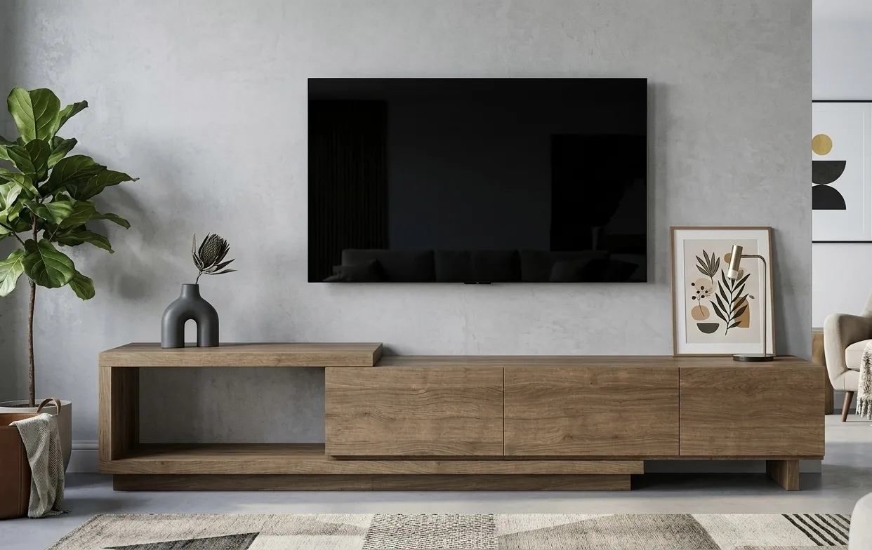 Modern Asymmetric Extendable Low-Profile Wooden TV Unit
