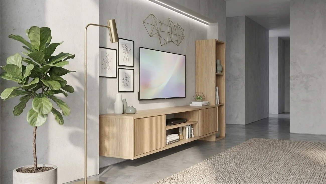 Modern Wall-Mounted Fluted TV Console with Integrated Vertical Bookshelf