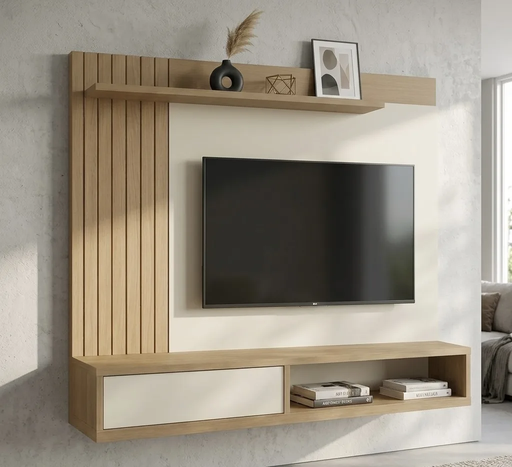 Modern Floating Wall-Mounted TV Unit with Slatted Oak Accent & Top Display Shelf