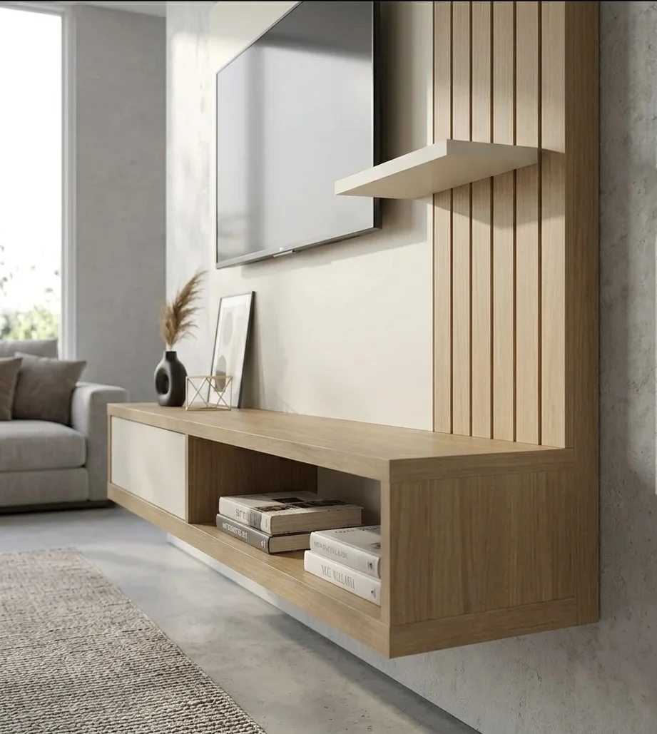 Modern Floating Wall-Mounted TV Unit with Slatted Oak Accent & Top Display Shelf