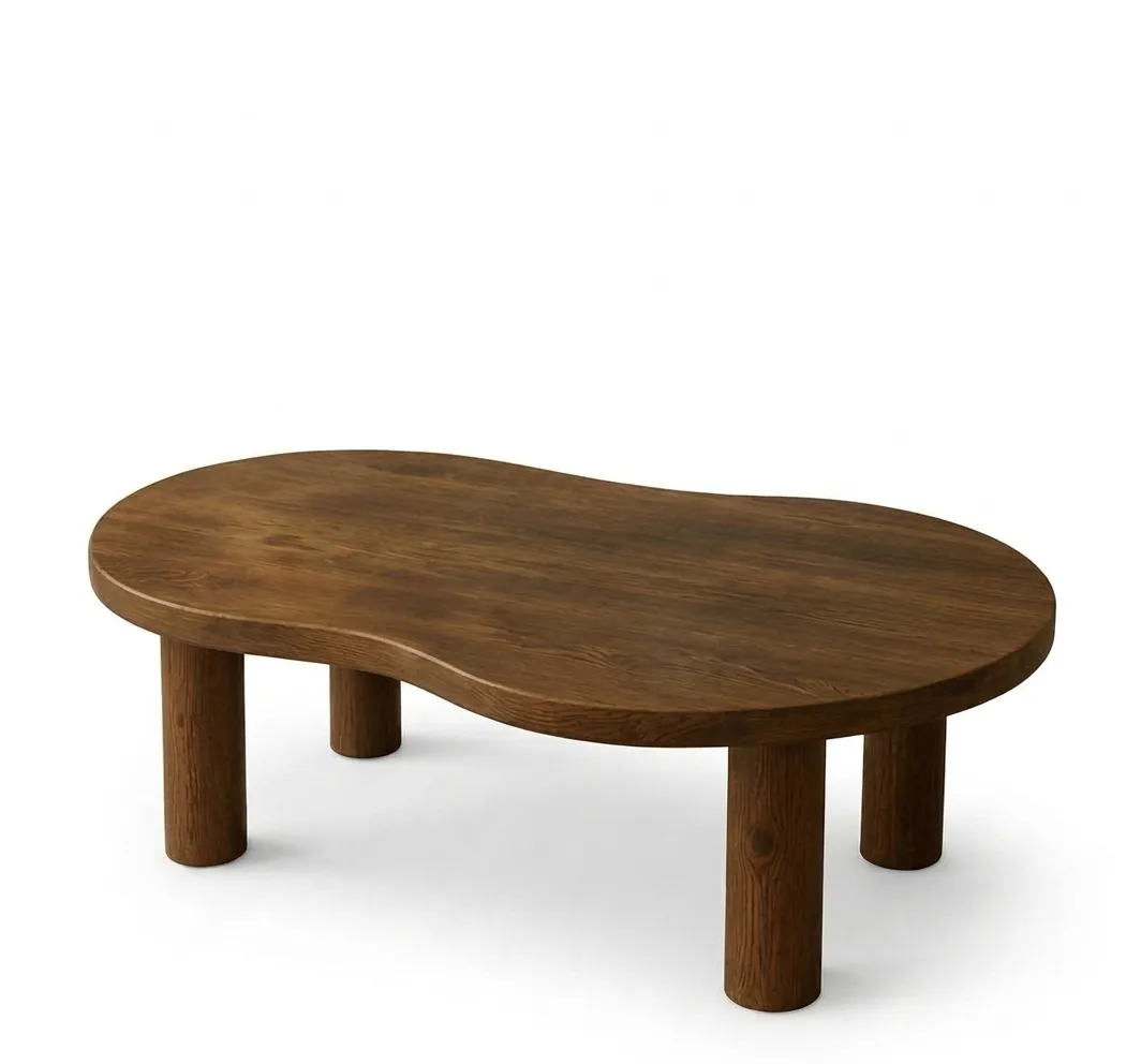 Modern Organic Bean-Shaped Wooden Coffee Table with Cylindrical Legs