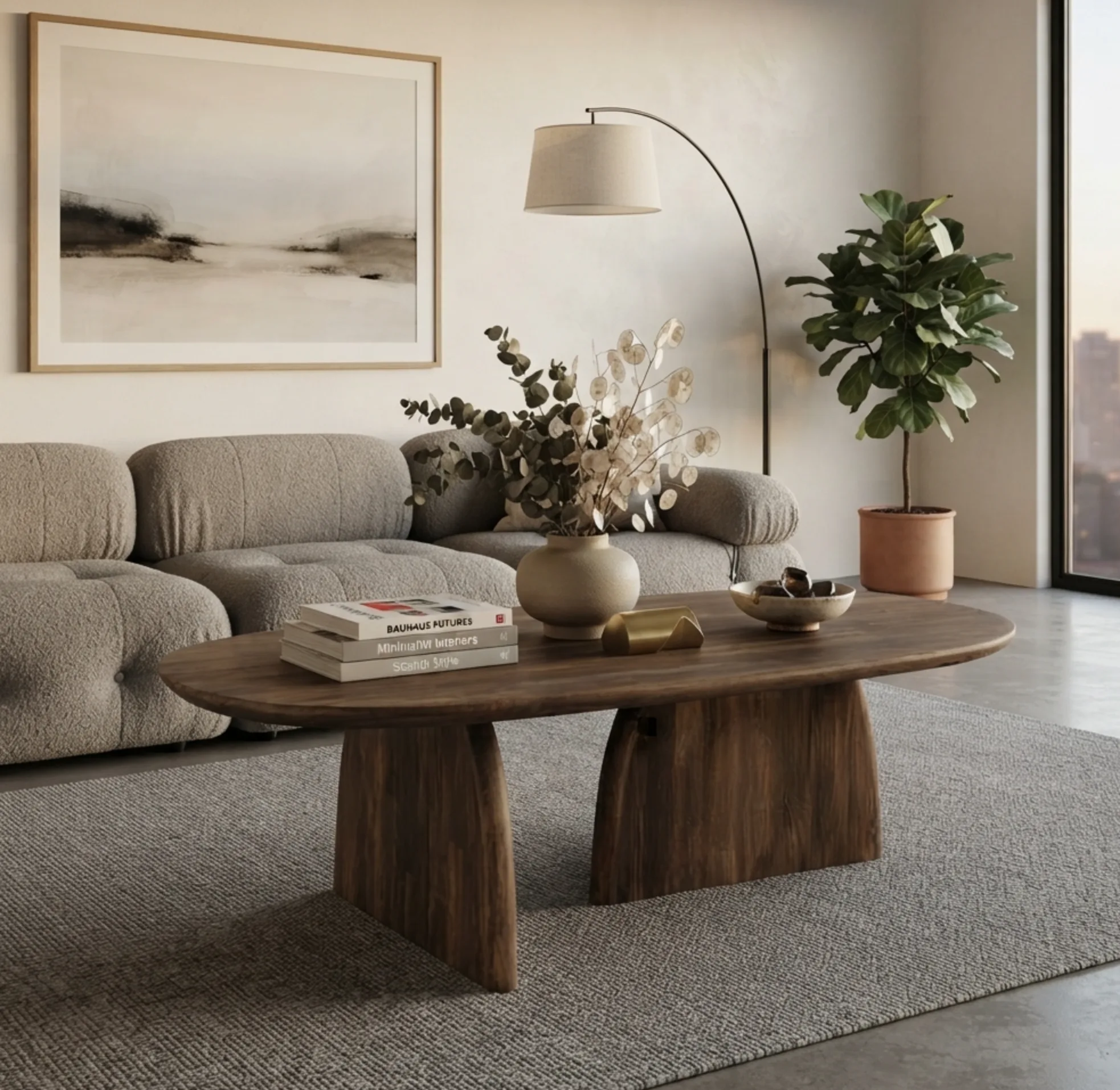 Modern Oval Wooden Coffee Table with Sculptural Arch Pedestal Base
