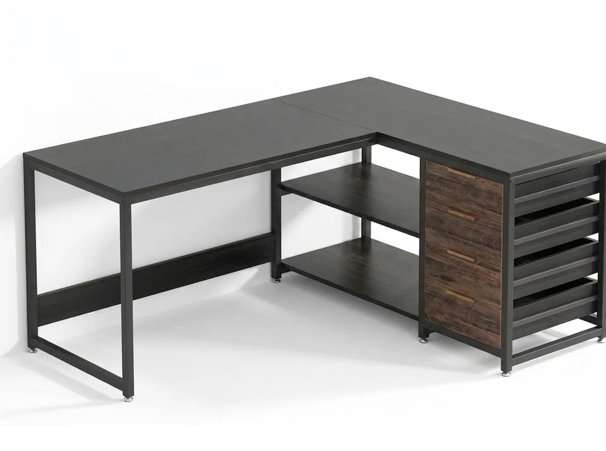 Modern Industrial L-Shaped Corner Executive Desk with 3 Drawers, Open Shelving & Slatted Storage Bay