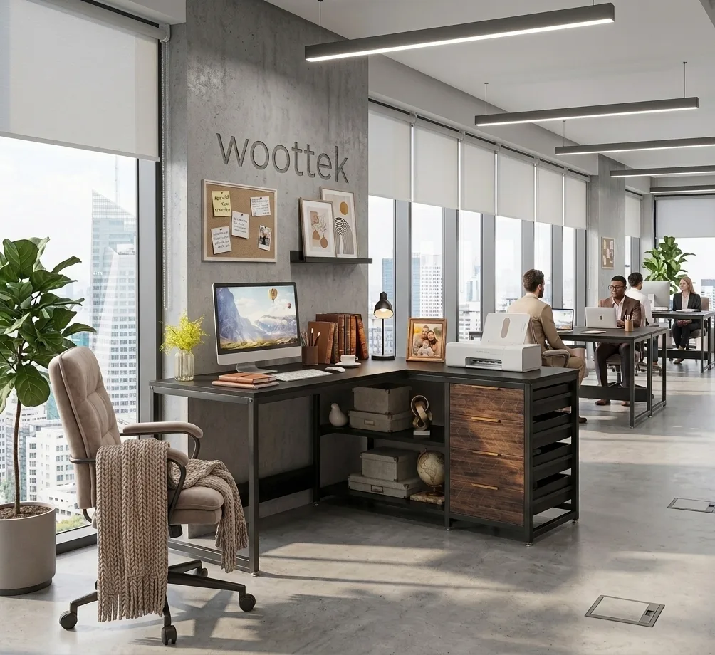 Modern Industrial L-Shaped Corner Executive Desk with 3 Drawers, Open Shelving & Slatted Storage Bay