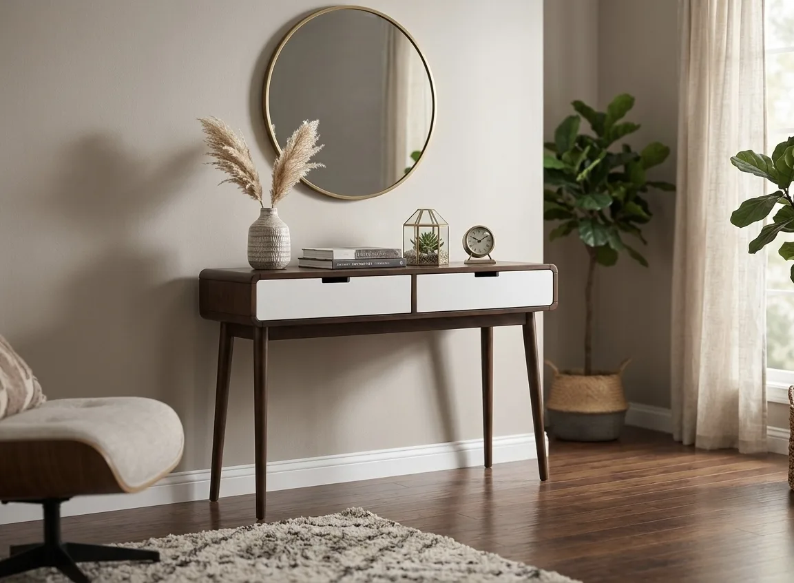 Mid-Century Modern Two-Drawer Console Table with Rounded Shell