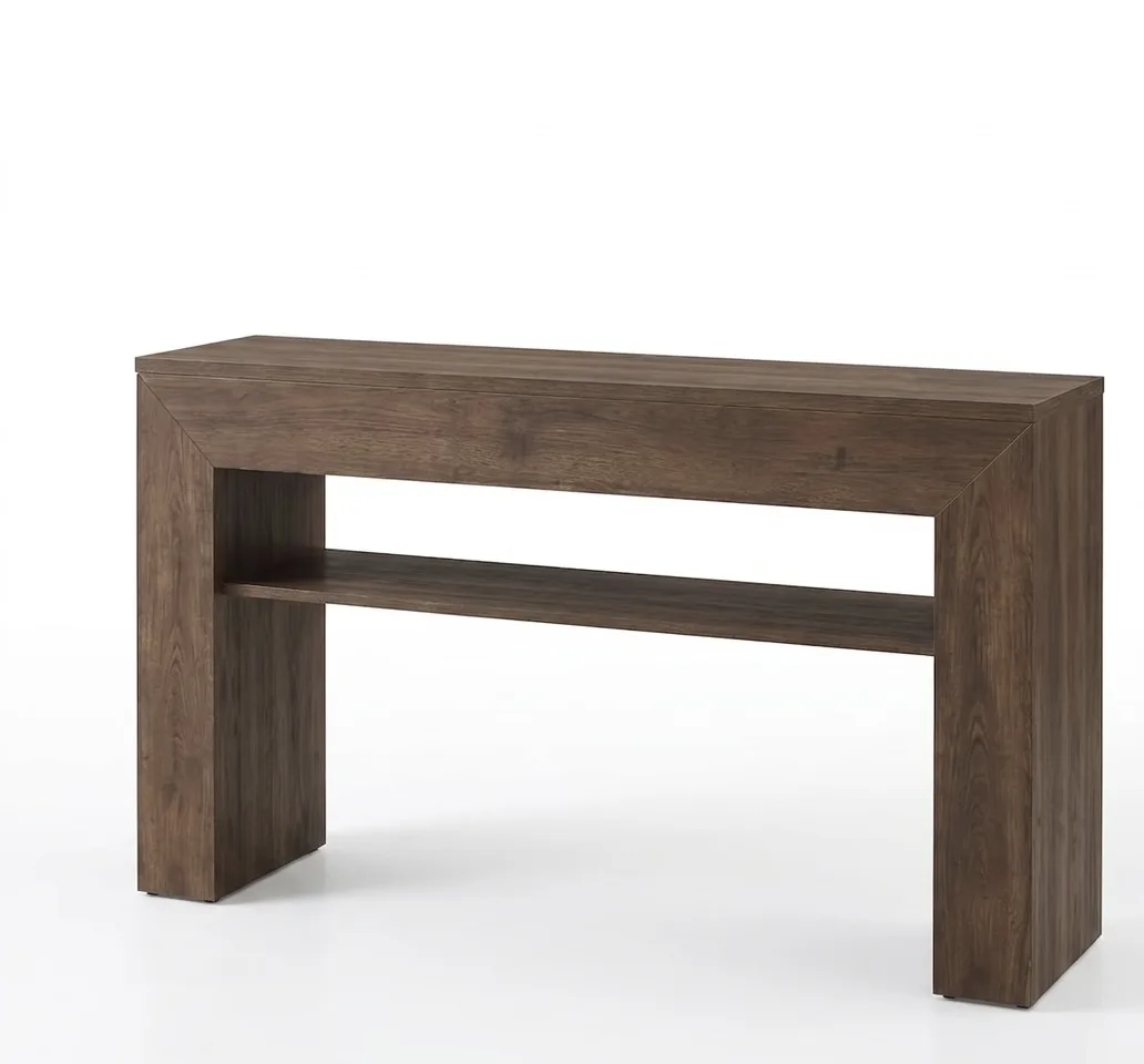 Minimalist Architectural Waterfall Console Table with Open Staging Shelf