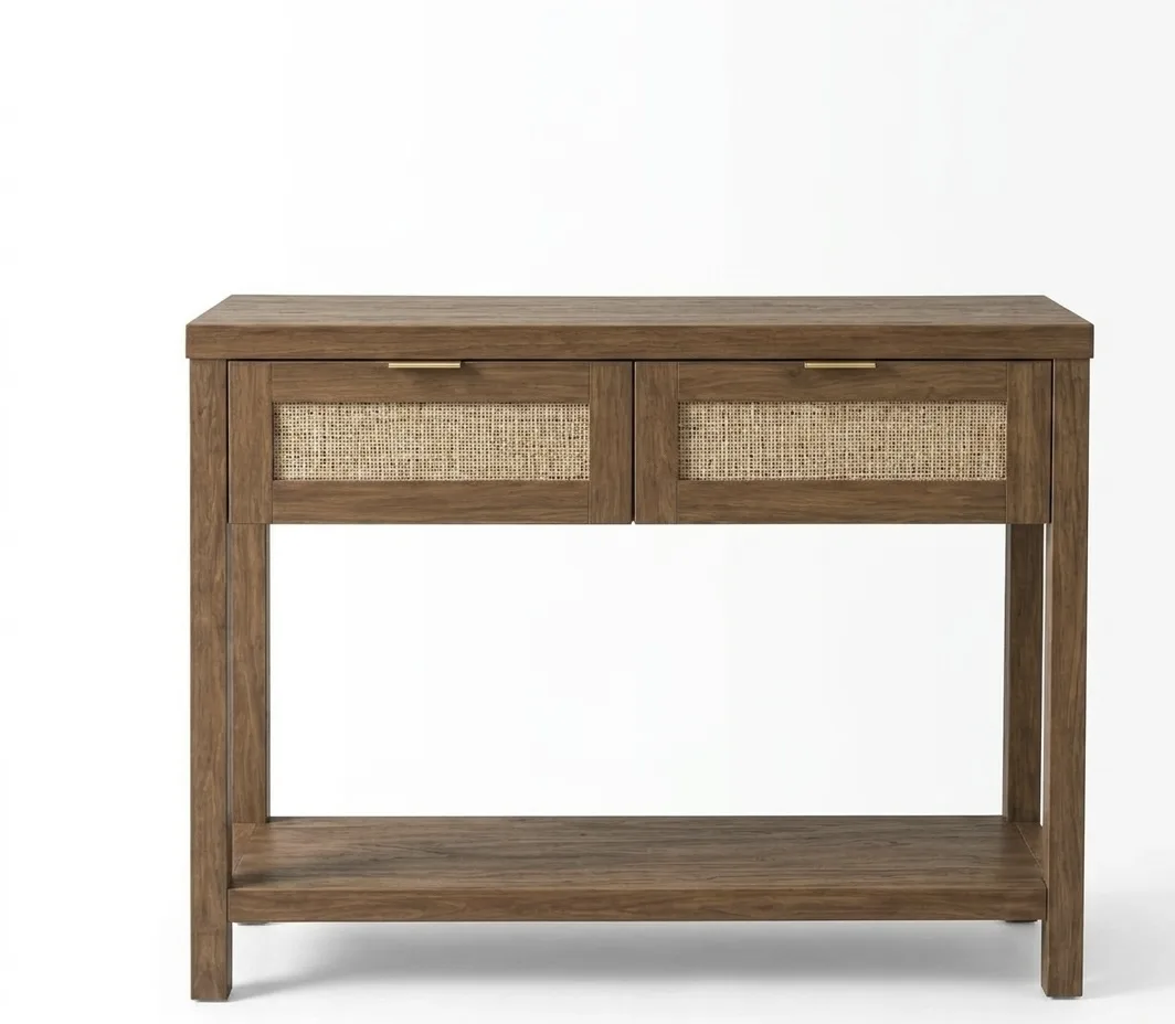 Rustic Boho Modern 2-Drawer Console Table with Woven Rattan Inserts & Lower Shelf