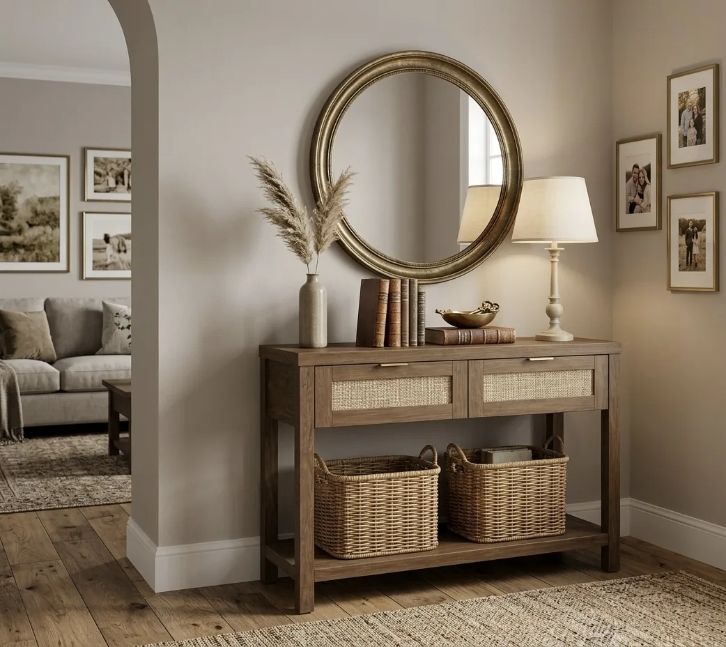Rustic Boho Modern 2-Drawer Console Table with Woven Rattan Inserts & Lower Shelf