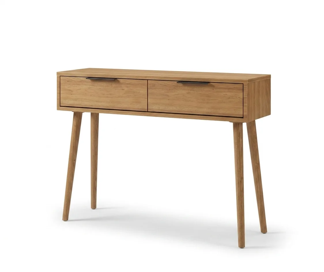 Mid-Century Modern Natural Oak 2-Drawer Console Table with Splayed Turned Legs