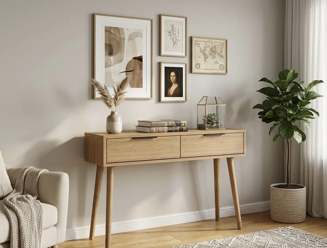 Mid-Century Modern Natural Oak 2-Drawer Console Table with Splayed Turned Legs