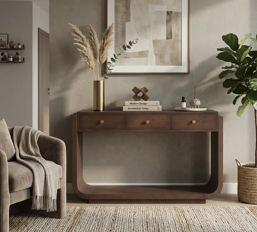 Contemporary Sculptural Curved Loop 3-Drawer Console Table with Plinth Base