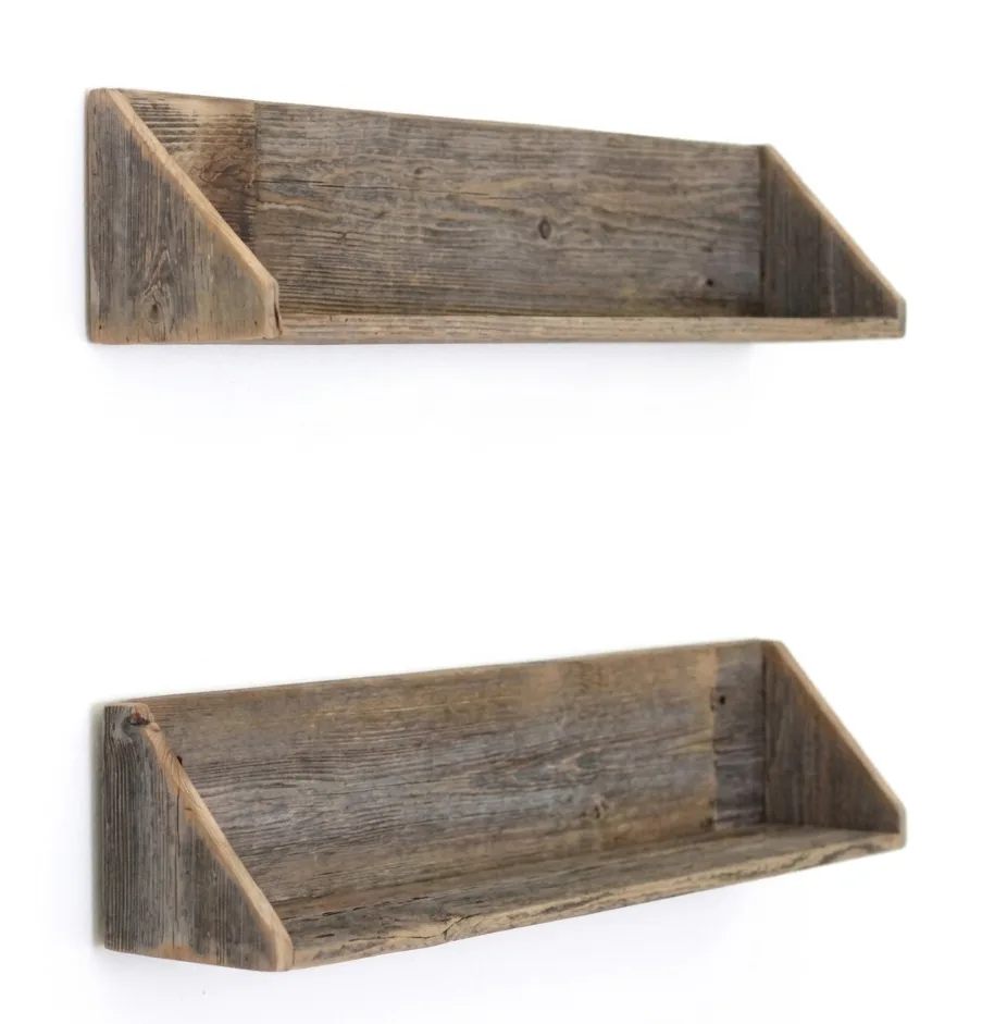 Rustic Weathered Wood Floating Wall Shelves with Angled Brackets (Set of 2)