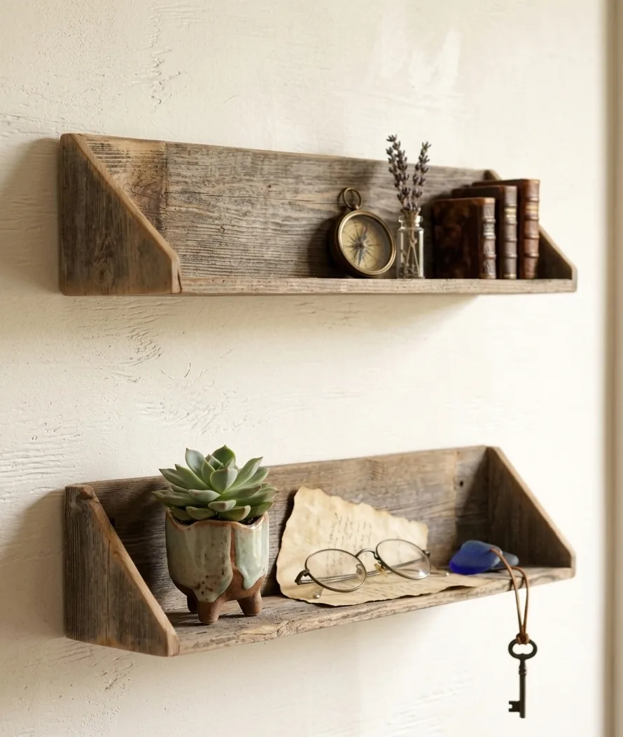 Rustic Weathered Wood Floating Wall Shelves with Angled Brackets (Set of 2)