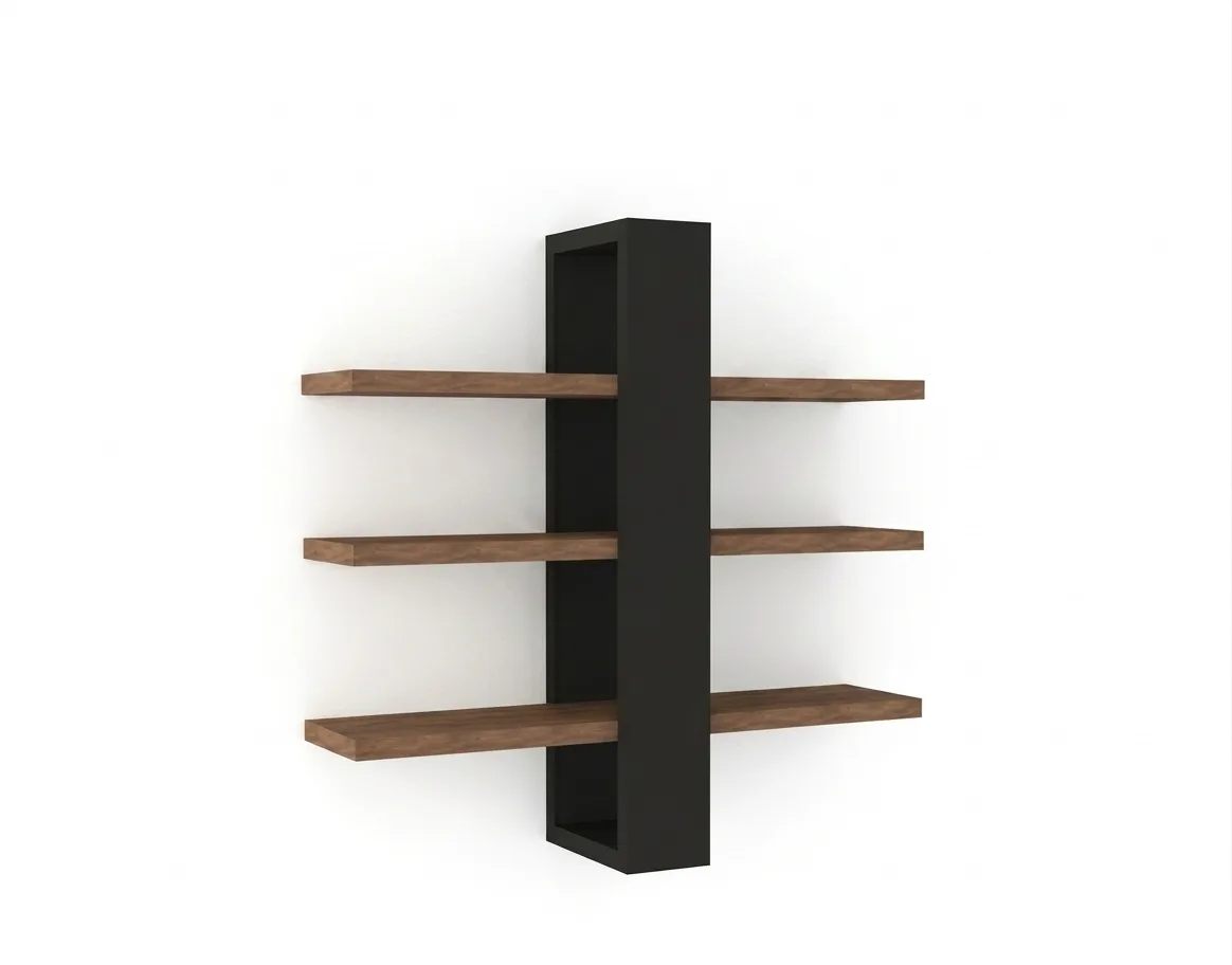 Modern Intersecting Floating Wall Shelf Unit with Matte Black Column & Walnut Shelves