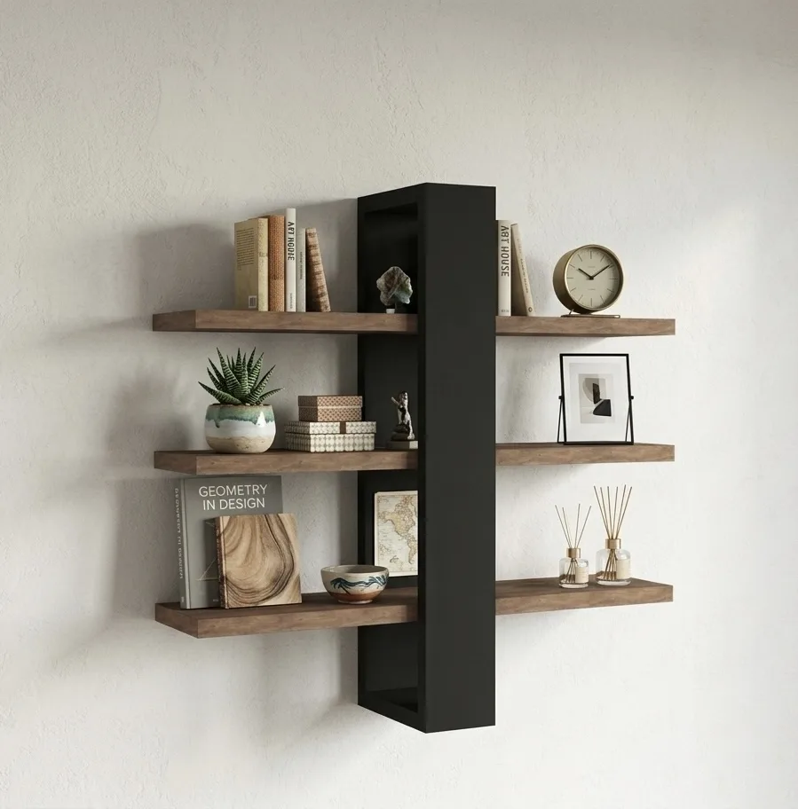 Modern Intersecting Floating Wall Shelf Unit with Matte Black Column & Walnut Shelves