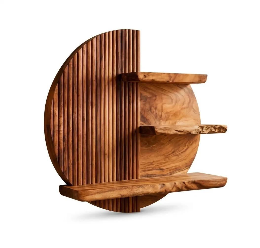 Sculptural Circular Dual-Texture Fluted Wood Wall Art Panel with Integrated Display Ledges