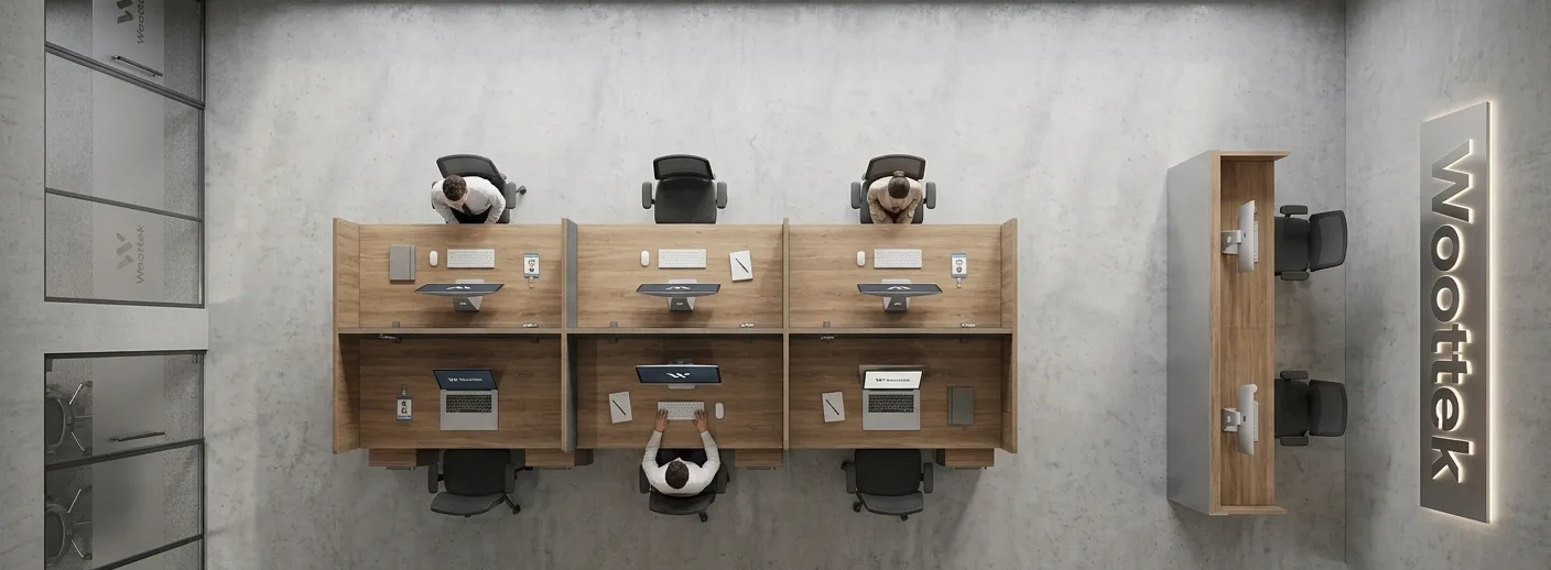 Modular 6-Person Back-to-Back Office Workstation Cluster with Acoustic Split Boards & Individual Mobile Storage Pedestals