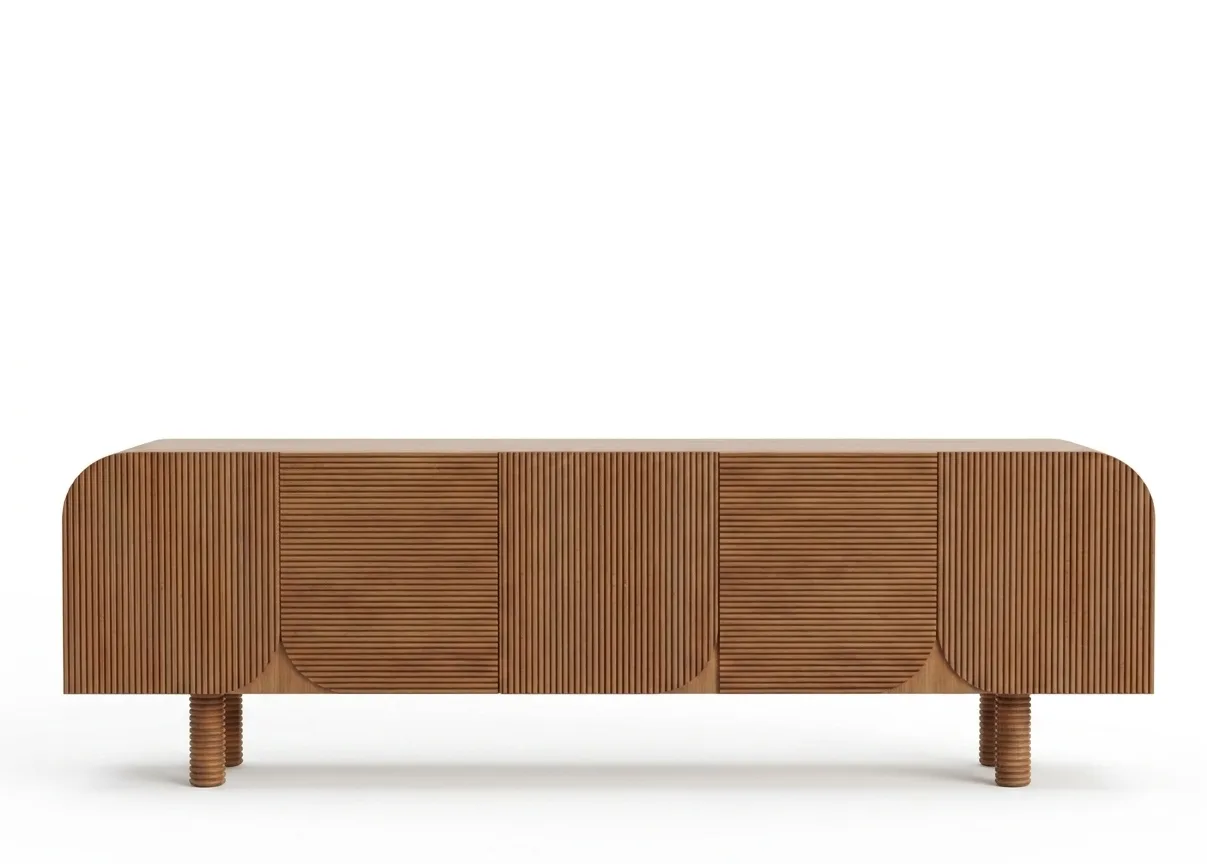 Modern Fluted Oak Credenza TV Unit with Arched Doors & Ringed Cylindrical Legs