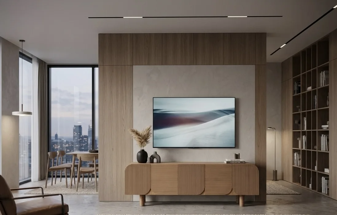 Modern Fluted Oak Credenza TV Unit with Arched Doors & Ringed Cylindrical Legs
