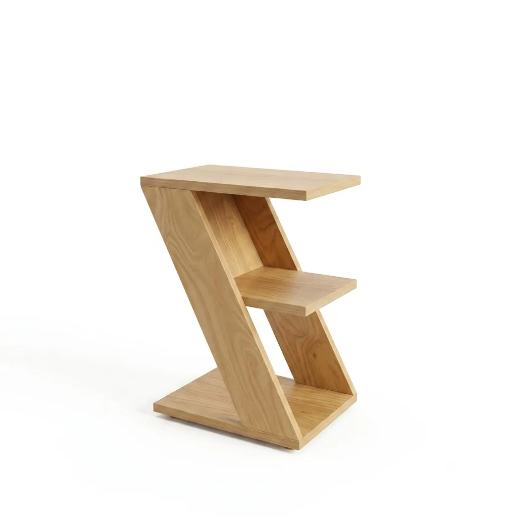 Minimalist Z-Shaped Cantilevered Wood Side Table with Middle Storage Shelf
