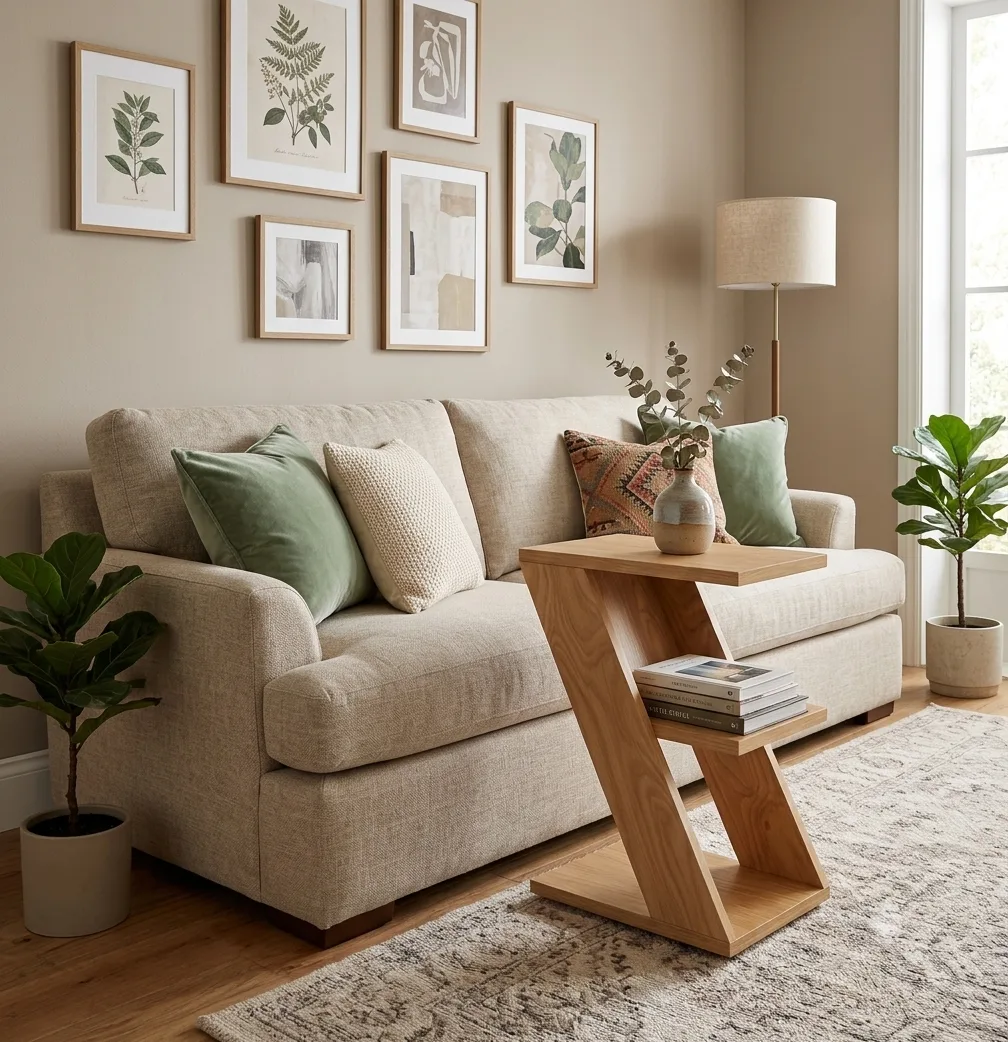 Minimalist Z-Shaped Cantilevered Wood Side Table with Middle Storage Shelf