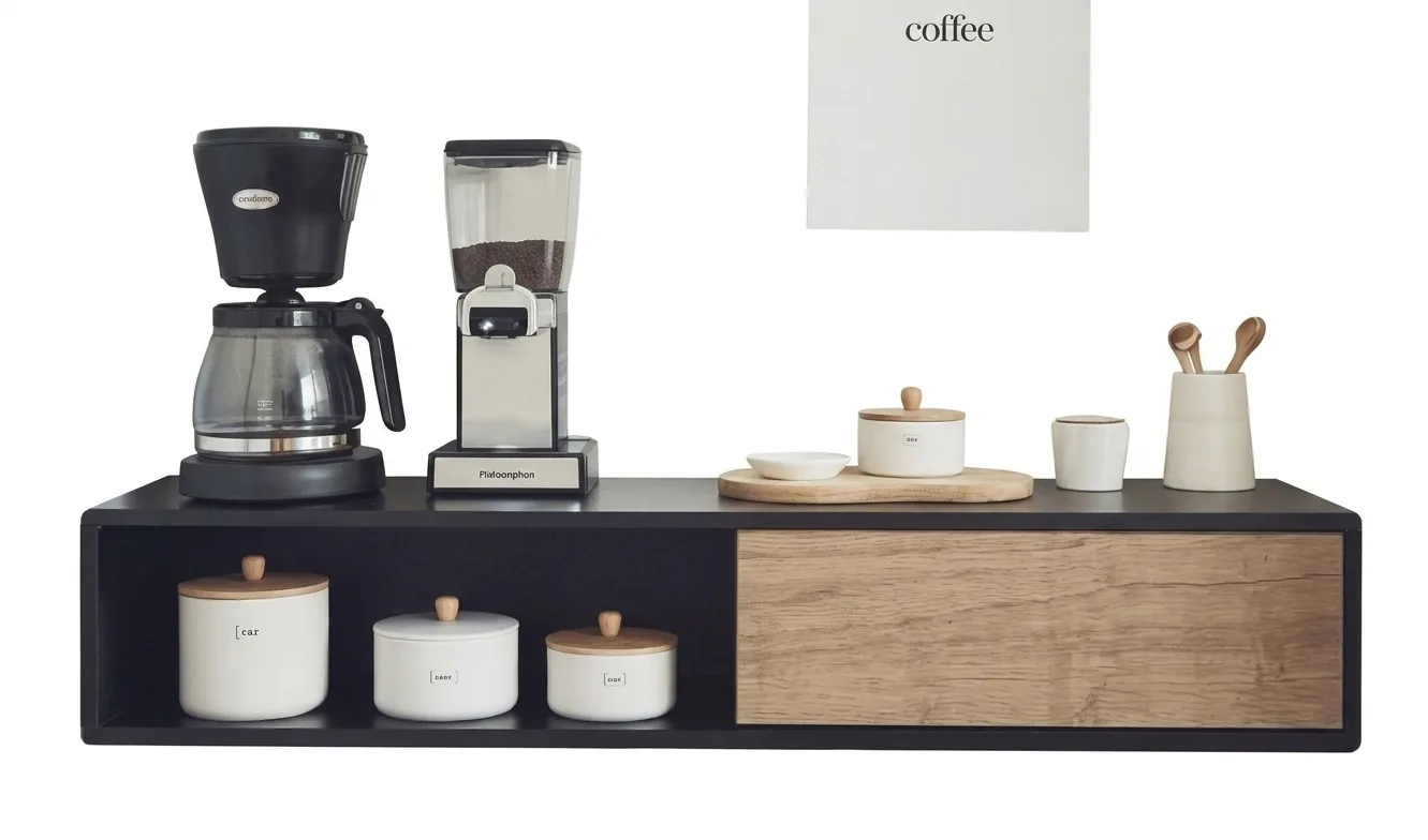 Modern Wall-Mounted Floating Coffee Corner Console with Open Cubby & Natural Oak Drawer