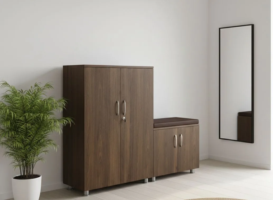 Entryway Harmony Shoe Cabinet & Padded Seating Bench Set